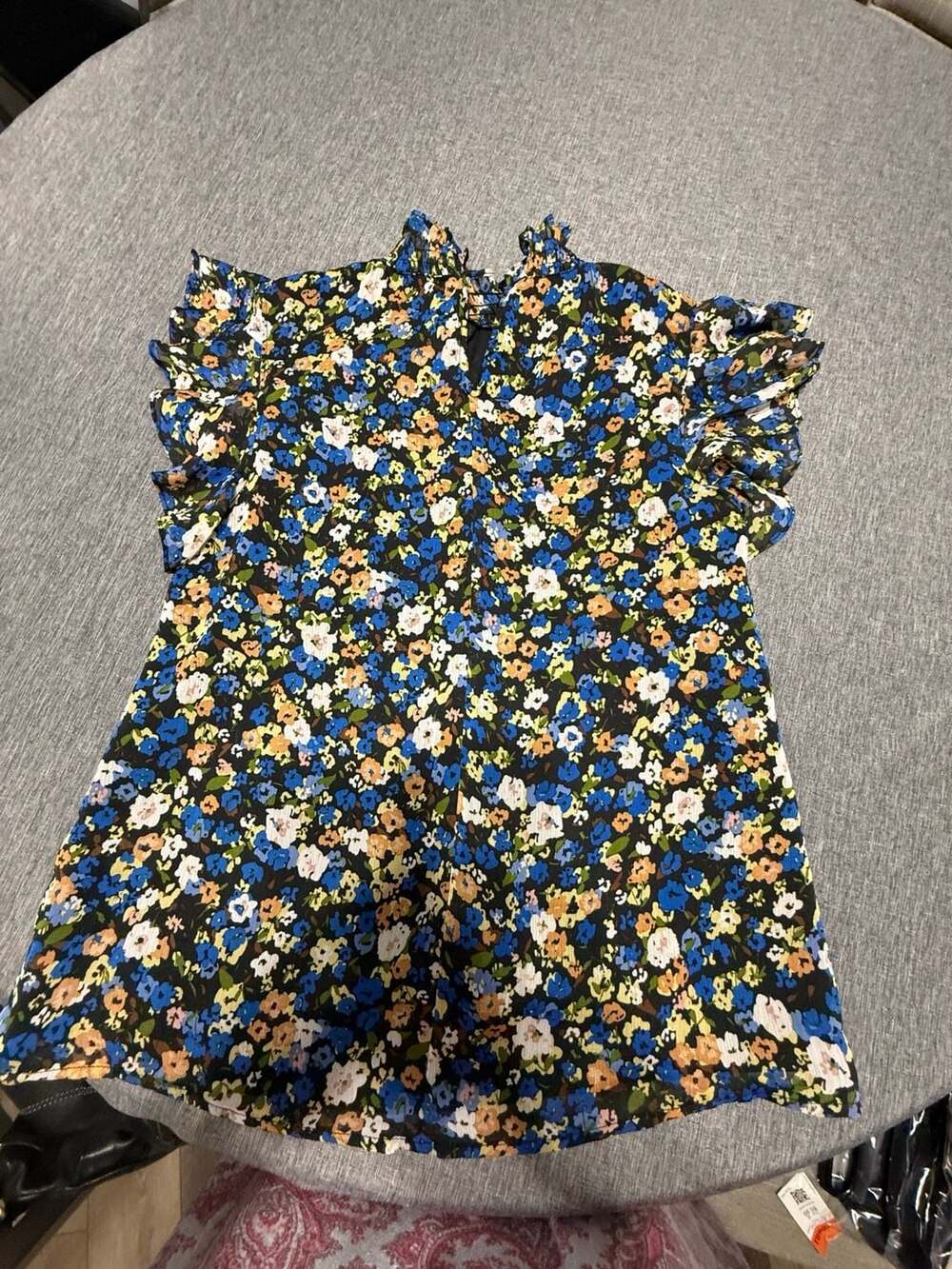 ee:some Women's Blue Floral Smocked Mock Neck Ruffle Sleeveless Blouse Size S